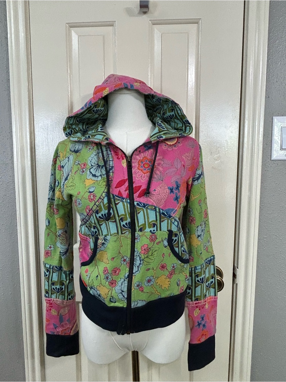 Woman’s Inner Child Patchwork Hooded Zip up Jacket 100% Cotton Size S